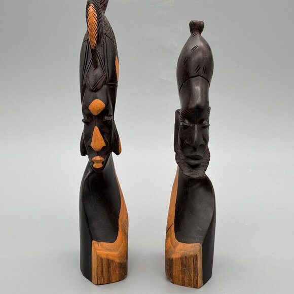 Vintage Hand Carved African Wooden Figurines Pair Tribal Bust Sculptures Wood - Picture 2 of 8